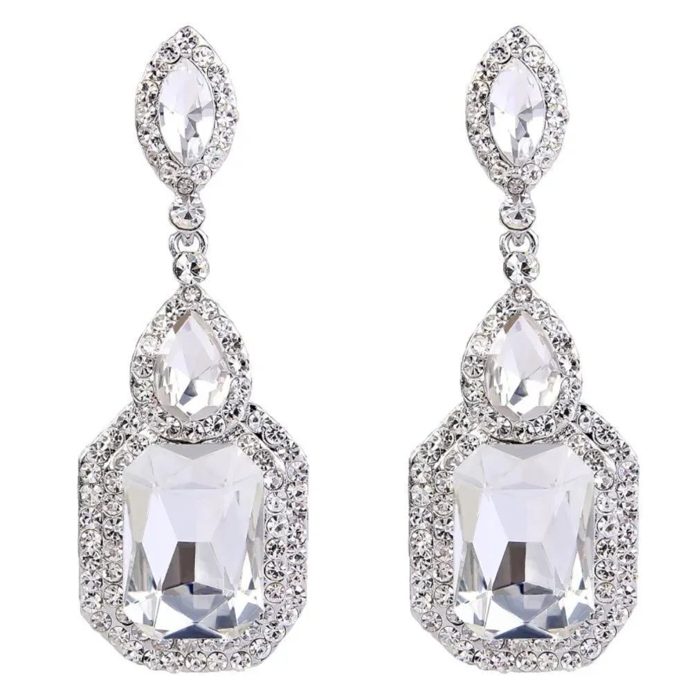 Silver with White Diamond Austrian Crystal Infinity Chandelier Post Earrings